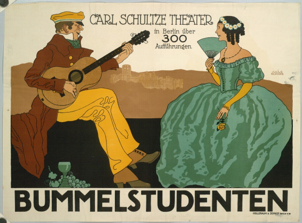 Ein Plakat, das ein Konzert im Carl-Schulze-Theater in Berlin, Deutschland, ankündigt, zeigt einen Mann, der eine Gitarre spielt, und eine Frau, die einen Fächer hält, mit Text auf dem Plakat.