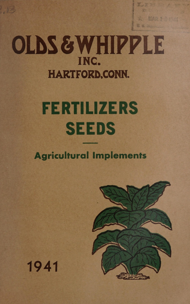 Alter Buchumschlag aus dem Jahr 1941 mit der Aufschrift "Düngemittel Samen Landwirtschaftliche Geräte" und einer Illustration einer grünen Pflanze mit mehreren Blättern und Stielen.