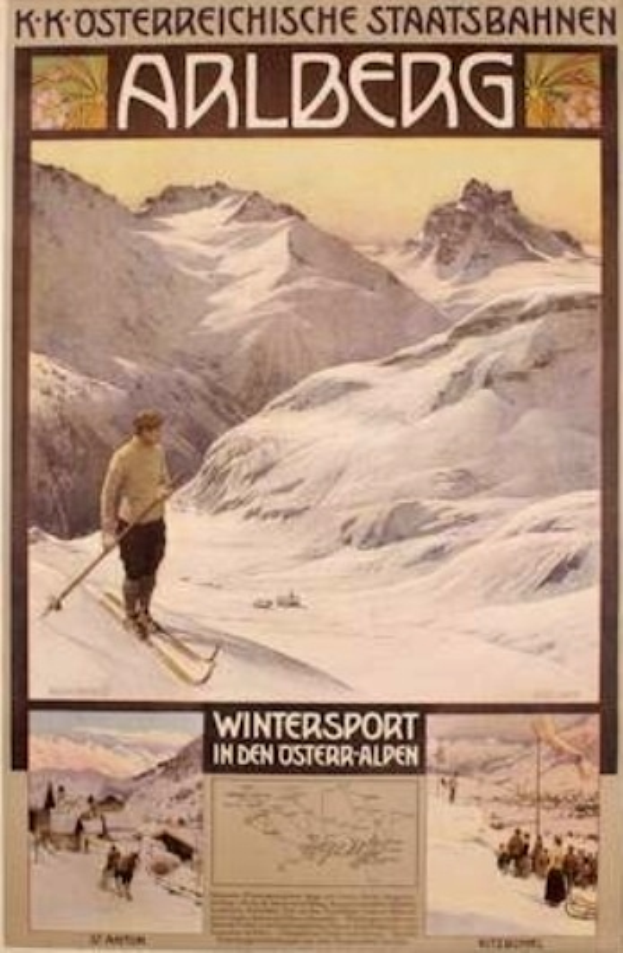 Ein Plakat, das Wintersport in den österreichischen Alpen bewirbt, mit einem Skifahrer, Bildern von Menschen und Bergen und Text.