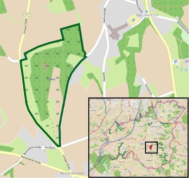 Stadtplan mit einem zentralen grünen Bereich, der für die geplante Entwicklung markiert ist, zeigt umliegende Straßen, Gebäude und Sehenswürdigkeiten.
