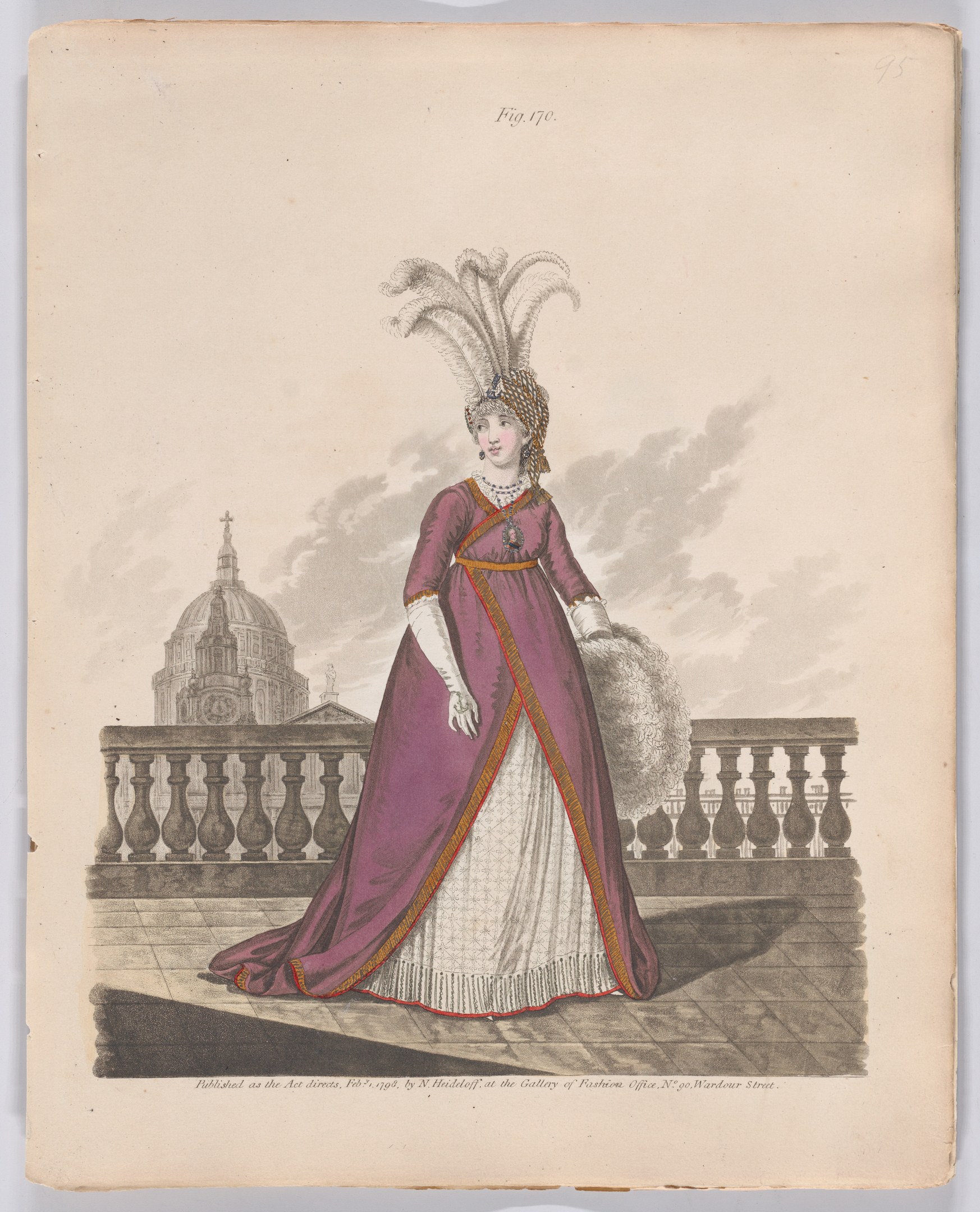 Frau in einem violetten und weißen Federkleid, die an einem Geländer steht, mit einem Gebäude und Wolken im Hintergrund, beschriftet mit "Mode von New York, New Yorker Straße, 1790".