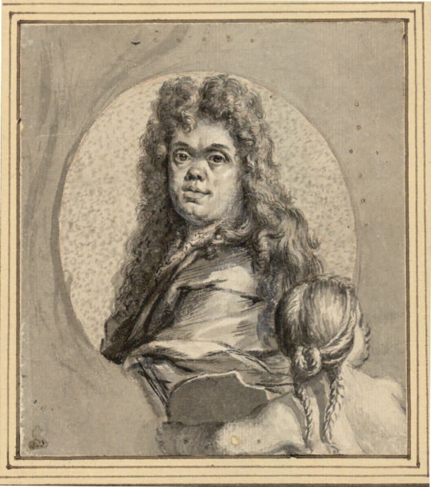 Ein Porträt eines Mannes mit langen Haaren und ernstem Gesichtsausdruck, eine Frau mit sanftem Gesichtsausdruck, die ein Kind hält, beide schauen direkt in die Kamera.