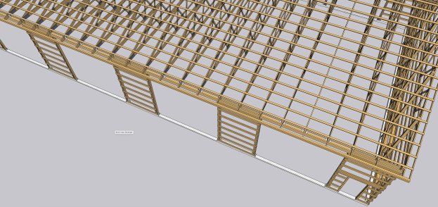 3D-Modell einer Holzrahmenkonstruktion aus Holzstöcken in symmetrischer Anordnung.