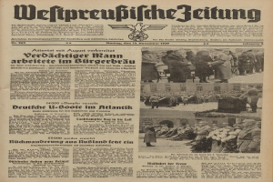 Titelseite einer deutschen Zeitung vom 13. November 1939, betitelt 'Weitpreubliche Zeitung', mit einer Gruppe von Menschen in traditioneller deutscher Kleidung in einer feierlichen Umgebung.