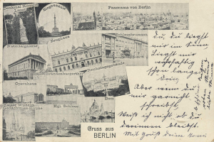Eine alte Postkarte mit verschiedenen Bildern von Berlin, einschließlich Gebäuden, Bäumen und einer Statue, sowie einigen handgeschriebenen Text.