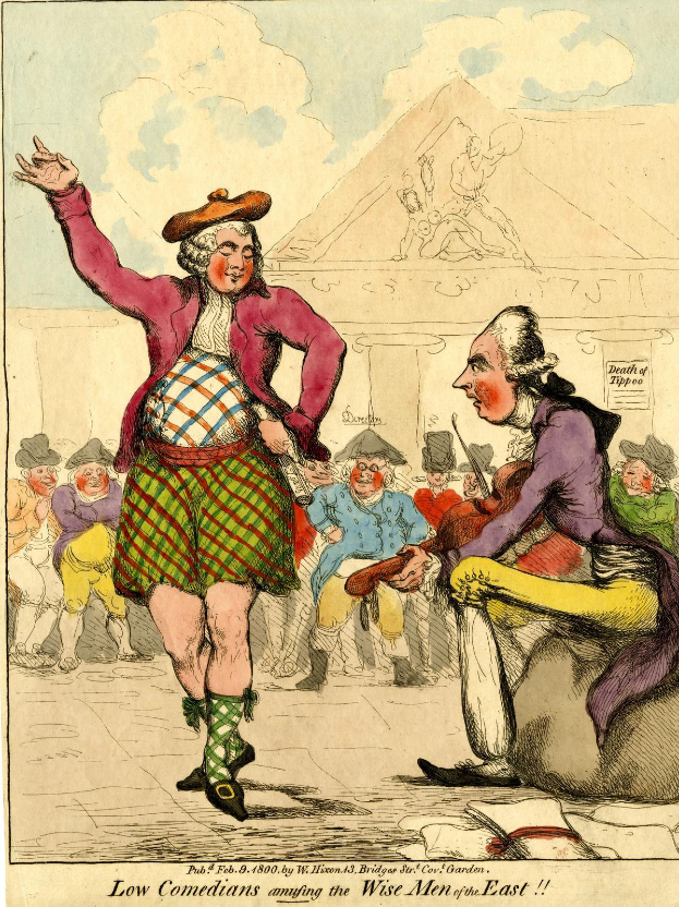 Zeichnung eines Mannes in einem Kilt und einer Frau in einem Kleid, die vor einem Publikum auf einer Bühne stehen, mit einem Gebäude im Hintergrund und Wolken am Himmel, mit der Bildunterschrift "Niedrige Komiker amüsieren die weisen Männer des Ostens" unten.