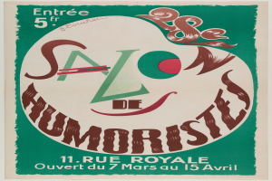 Ein Plakat, das ein Humoristensalon in Paris, Frankreich, bewirbt, mit Text, der die Angebote des Salons beschreibt.