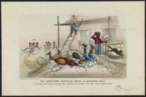 Plakat mit der Aufschrift "Der dunkle Radrennen - Ein plötzlicher Halt", das eine chaotische Szene mit Radfahrern, die angehalten wurden, Menschen auf Leitern, ein Gebäude und andere Gegenstände zeigt.