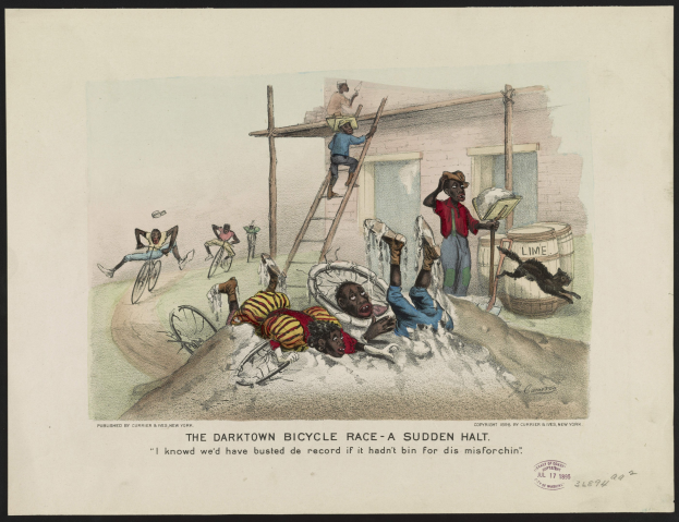 Plakat mit der Aufschrift "Der dunkle Radrennen - Ein plötzlicher Halt", das eine chaotische Szene mit Radfahrern, die angehalten wurden, Menschen auf Leitern, ein Gebäude und andere Gegenstände zeigt.