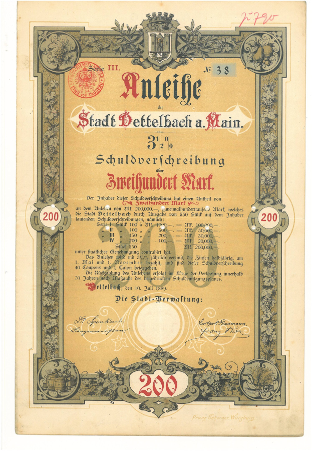 Altes deutsches Wertpapierzertifikat mit Porträt eines Mannes, mit gedrucktem Text und numerischen Werten, die die Wertpapierdetails angeben.