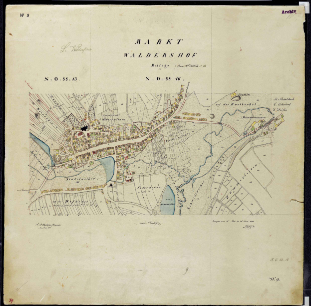 Alte Karte von Waldershof, Deutschland mit schwarzem Rand, zeigt Straßen, Gebäude und Sehenswürdigkeiten.