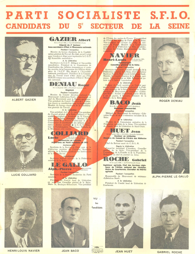 Ein Plakat mit Bildern von mehreren Personen und Text, der "Parti Socialiste S.F.I.O. Kandidaten des 5. Sektors der Seine" lautet, mit einem roten Pfeil nach rechts.