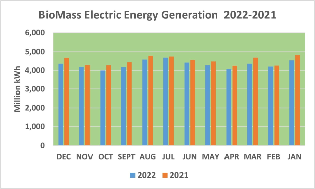 Liniengraph, der die Trends der Stromerzeugung aus Biomasse von 2021 bis 2022 zeigt, mit begleitendem Text.