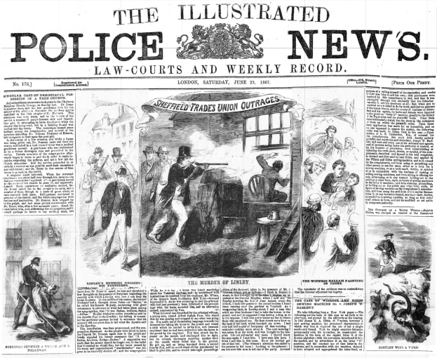Schwarze und weiße Titelseite der Illustrated Police News von 1867 mit einem zentralen Gruppenbild, dem Titel "Police News" und einem Logo oben.