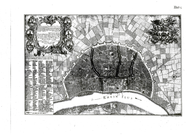 Eine detaillierte Schwarz-Weiß-Karte der Rhein-Fluss-Stadt, die Straßen, Gebäude und Sehenswürdigkeiten mit Textbeschriftungen zeigt.