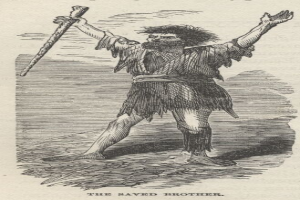 Ein Mann mit entschlossener Miene, der einen Stock hält und schlichte Kleidung trägt, mit der Aufschrift 'Der Gerettete Bruder' unten.