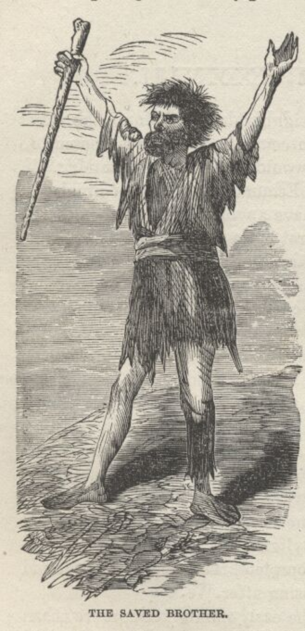 Ein Mann mit entschlossener Miene, der einen Stock hält und schlichte Kleidung trägt, mit der Aufschrift 'Der Gerettete Bruder' unten.