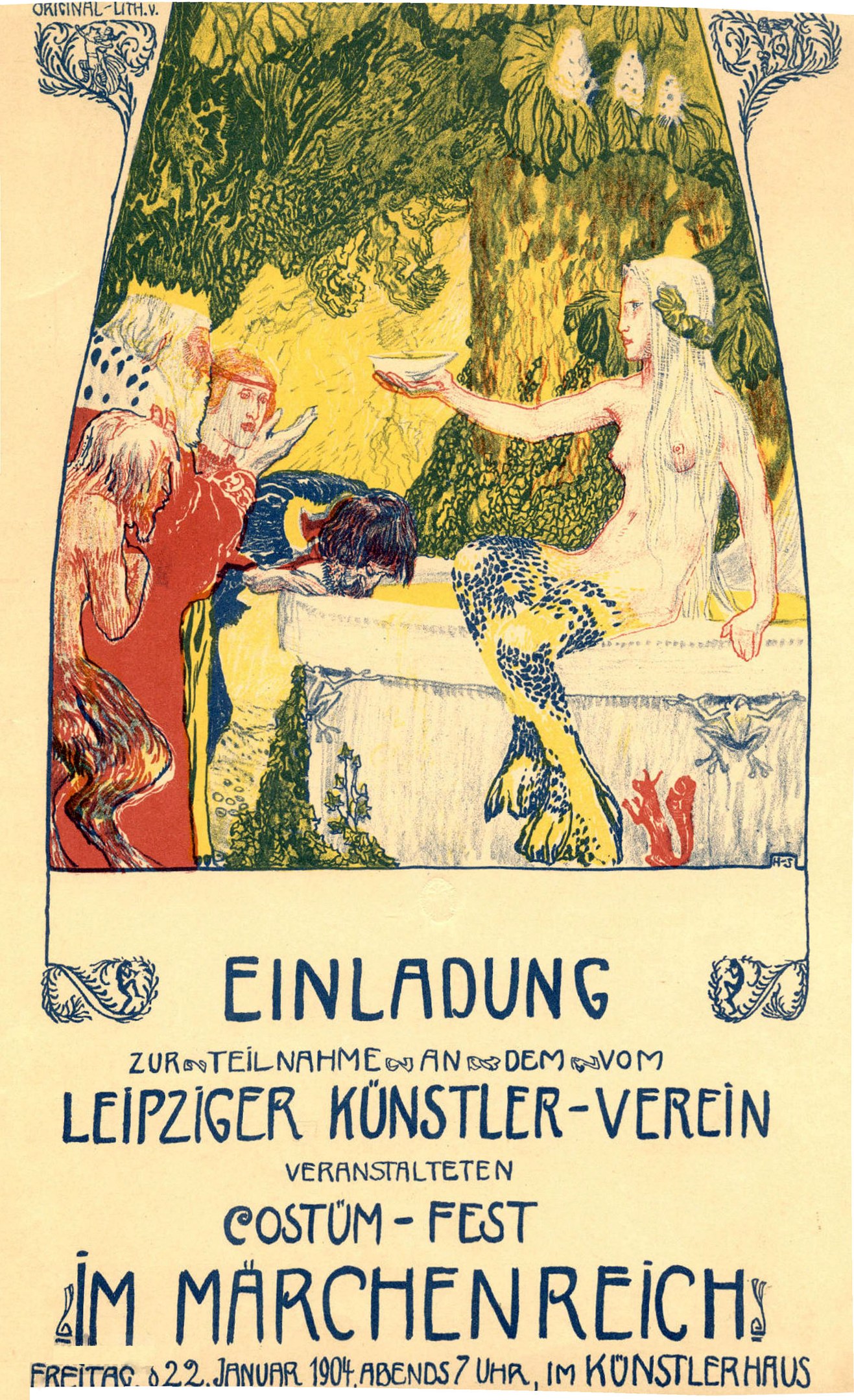 Plakat für ein Münchner Festival mit einem Bild einer Frau mit einem menschlichen Gesicht, umgeben von Menschen und Bäumen, mit Text.