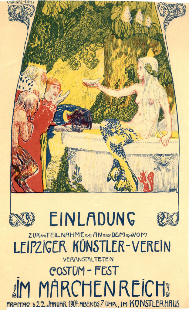 Plakat für ein Münchner Festival mit einem Bild einer Frau mit einem menschlichen Gesicht, umgeben von Menschen und Bäumen, mit Text.