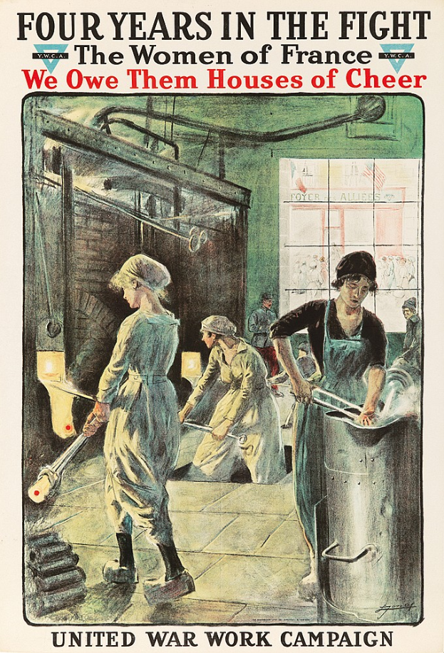 Ein Plakat mit vier entschlossenen Frauen in einer Reihe, mit dem Text "Wir schulden ihnen Häuser der Freude" oben, symbolisiert die Stärke und Resilienz der Frauen Frankreichs.