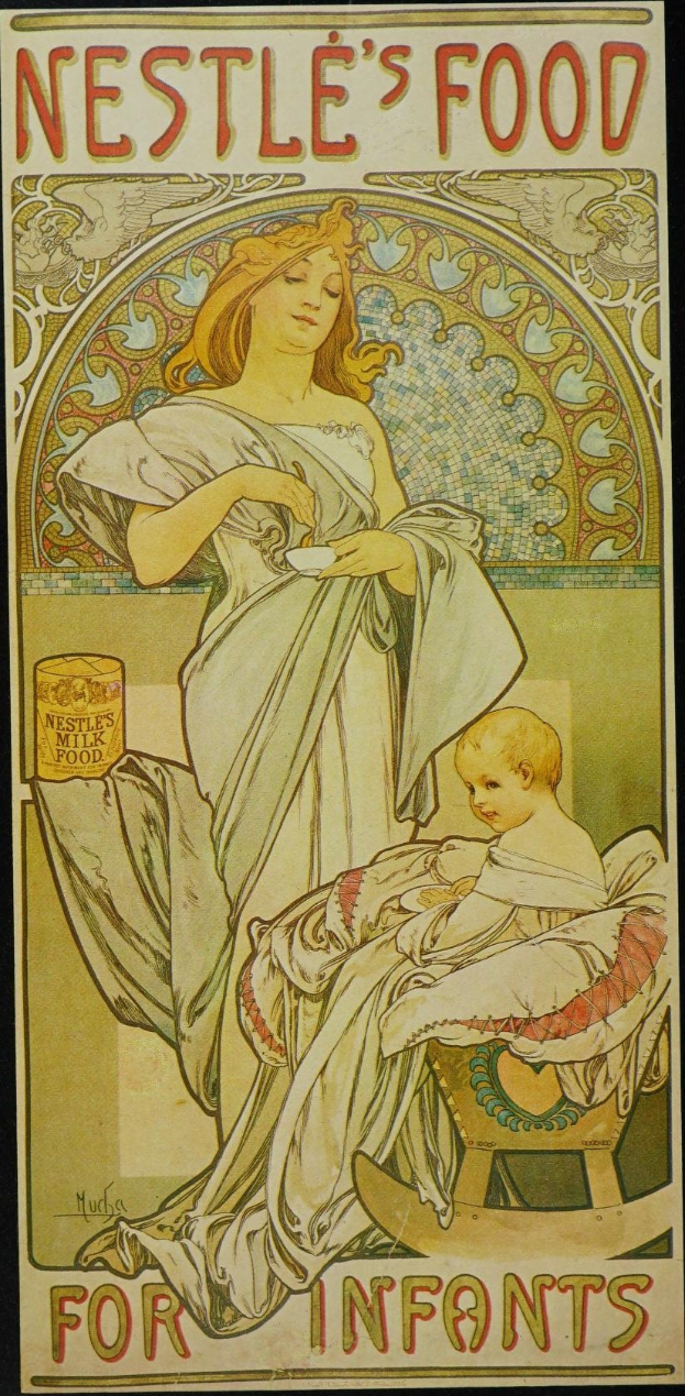 Ein Plakat, das Nestlés Babynahrung bewirbt und eine Frau zeigt, die ein Baby hält, mit Text, der das Produkt und seine Vorteile beschreibt.