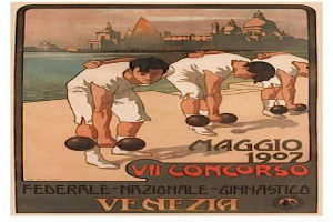 Ein Plakat wirbt für ein Bowling-Spiel in Venedig, Italien, das eine Gruppe zeigt, die Boccia mit Wasser und Gebäuden im Hintergrund spielt, und Text, der das Ereignis beschreibt.