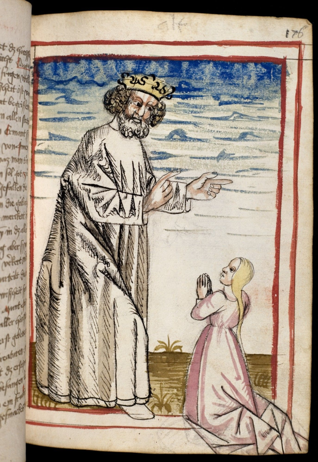 Ein aufgeschlagenes Buch mit einer Illustration eines gekrönten Mannes in einem langen Gewand und einer Frau mit gefalteten Händen vor einem textgefüllten Hintergrund, was einen religiösen Kontext suggeriert.