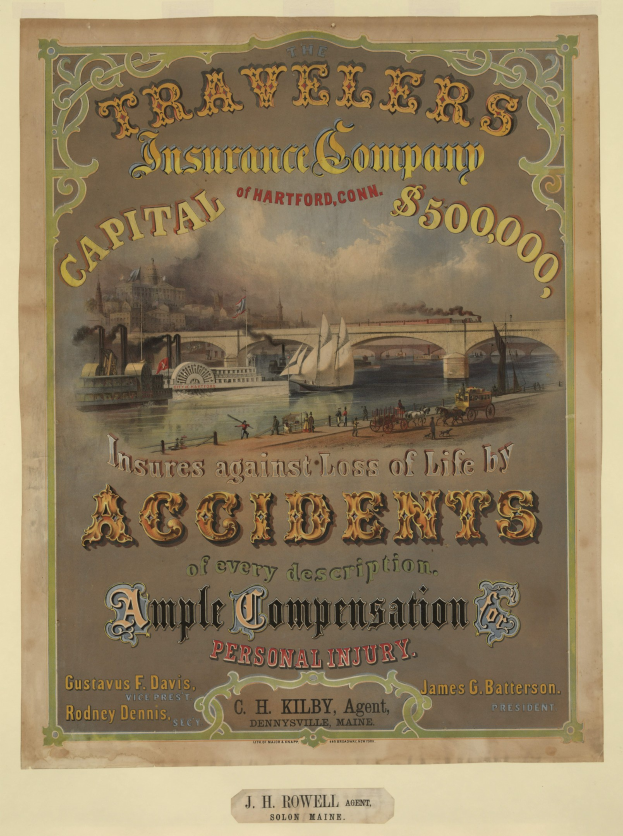 Werbeplakat für die Traveler's Insurance Company of Hartford, Connecticut, mit Abbildungen von Booten, einer Brücke und Gebäuden sowie Texten, die Reiseversicherungsdienstleistungen anbieten.