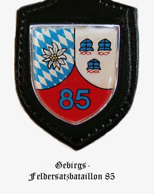 Ein Abzeichen mit der Nummer 85, dem Logo der bayerischen Fußballmannschaft und deutschem Text unten.