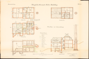 Ein altes Buch mit einer Zeichnung des ursprünglichen Plans der Königlichen Hüttenwerk Berlin-Baklberg, das detaillierte Baupläne und Text enthält.