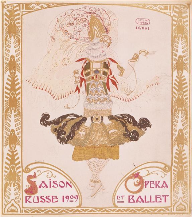 Plakat für eine 1909er Pariser Ballettvorstellung namens "Saison Russe", das eine gemalte Figur in einer eleganten Pose mit "Opera et Ballet" in fetter Schrift darüber zeigt.