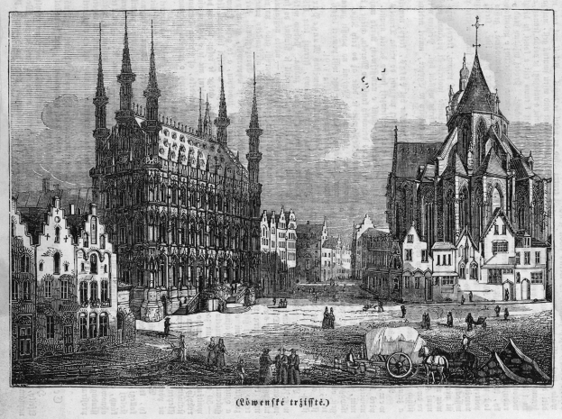 Schwarz-weiß-Zeichnung einer Stadtstraße mit einer Kirche im Hintergrund, mit Gebäuden, Menschen, Karren und Text.