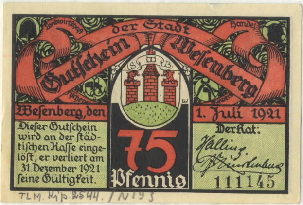 Eine alte deutsche Banknote mit einem Gebäude darauf, darunter der Text "Bundesliga" und ein Logo auf einem weißen Hintergrund.