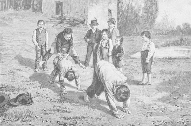 Schwarz-weißes Bild von Kindern auf einem Feld, mit zwei kämpfenden Jungen in der Mitte und anderen Zuschauern sowie einem Hut und Text links.