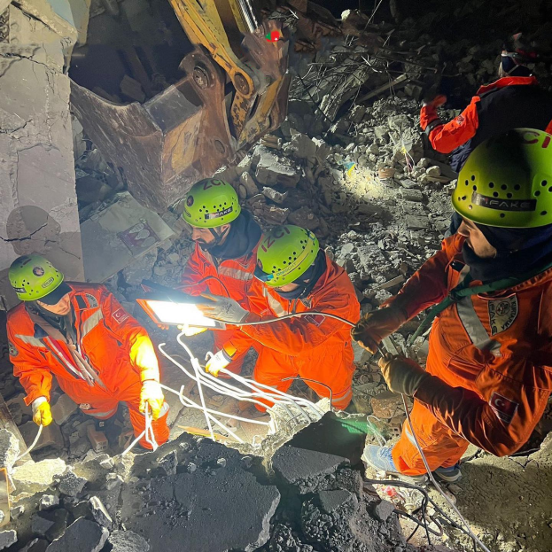 Eine Gruppe von Menschen in orangefarbenen Uniformen und grünen Helmen arbeitet an Schutt mit einem Kran im Hintergrund, hölt Werkzeuge und Materialien für eine Rettungsoperation bei einem eingestürzten Gebäude.