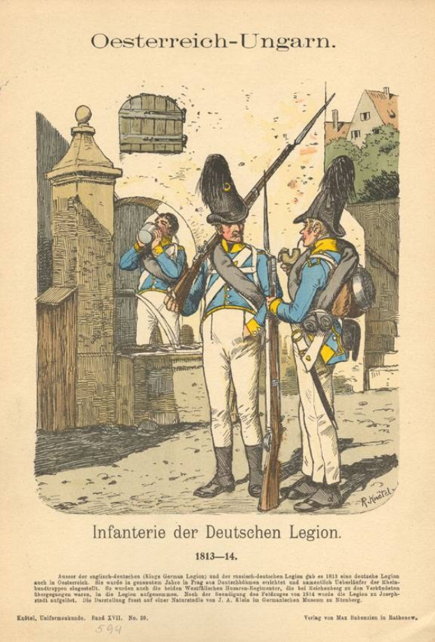Altes Buchcover mit zwei uniformierten Männern, einer hält eine Waffe, vor einem Hintergrund aus Bäumen und Gebäuden, und der Titel 'Infanterie der Deutschen Legion 1813-14'.