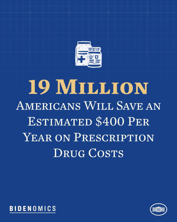 Ein blauer Hintergrund mit weißer Schrift und einem Logo, auf dem "19 Millionen Amerikaner sparen geschätzt 400 Dollar pro Jahr an Arzneimittelkosten" steht.