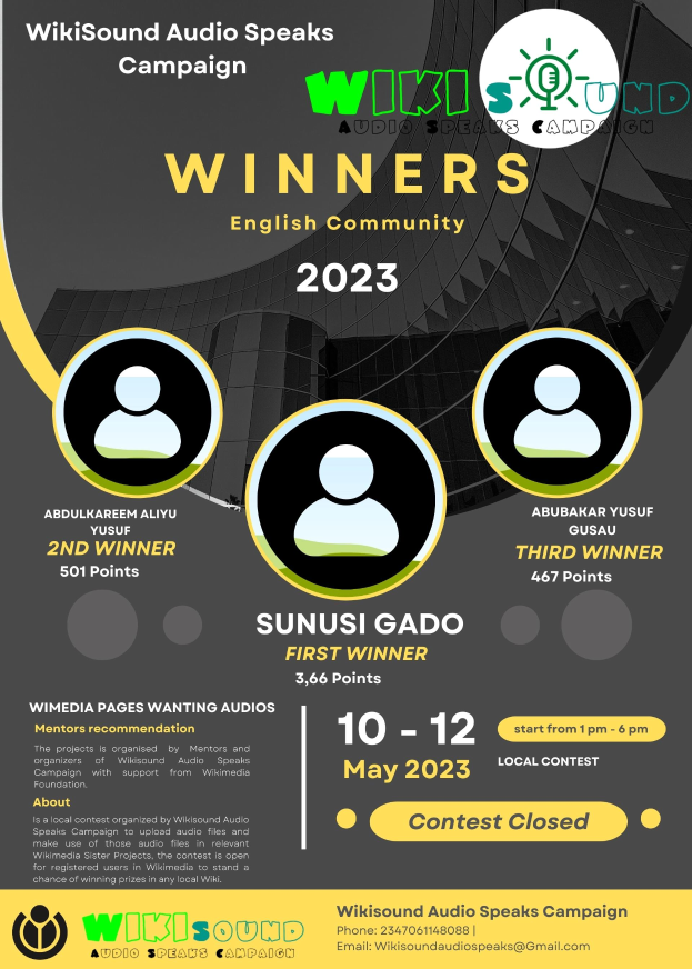 Ein buntes Plakat mit einem blauen Hintergrund und gelben und weißen Buchstaben, die in fetter Schrift 'Gewinner' bilden und mehrere lachende Menschen in der Mitte zeigen.