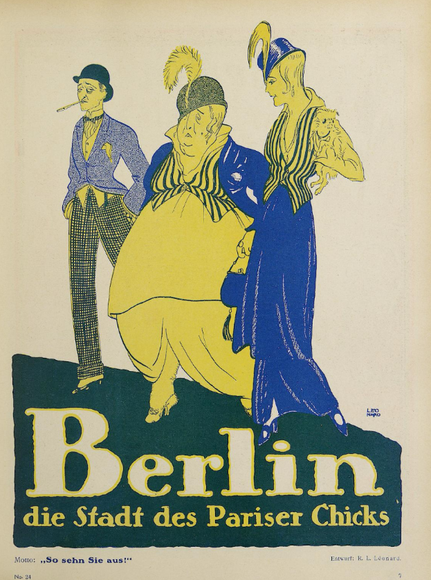 Ein Plakat, das ein Konzert in Berlin, Deutschland, ankündigt, zeigt eine Gruppe farblich gekleideter Menschen vor einem Gebäude mit der Aufschrift 'Berlin - Die Stadt des Pariser Chicks' oben.