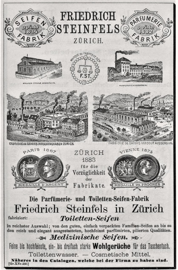 Schwarz-weiß-Anzeige für Friedrich Steinfels in Zürich mit Bildern von Gebäuden, Menschen und Text.