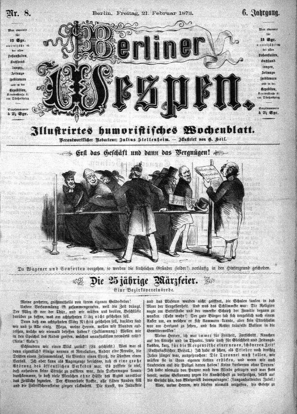 Altes deutsches Zeitungsblatt "Berliner Wespen" vom 21. Februar 1873, das eine Gruppe von Menschen in traditioneller deutscher Kleidung zeigt, die sich unterhalten, mit deutscher Text, der wahrscheinlich das Ereignis beschreibt.