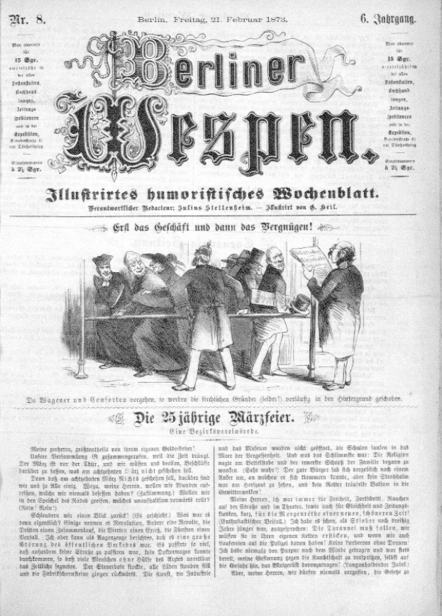 Altes deutsches Zeitungsblatt "Berliner Wespen" vom 21. Februar 1873, das eine Gruppe von Menschen in traditioneller deutscher Kleidung zeigt, die sich unterhalten, mit deutscher Text, der wahrscheinlich das Ereignis beschreibt.