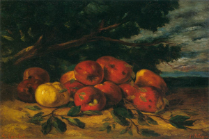 Ein Gemälde mit dem Titel "Still Life with Apples and Pears" von St. Pelagre, das Äpfel und Birnen auf einem Tisch mit einem Baum und einem bewölkten Himmel im Hintergrund zeigt.
