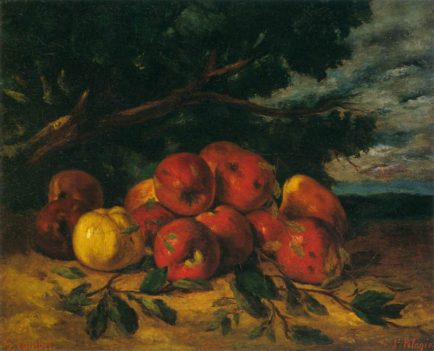 Ein Gemälde mit dem Titel "Still Life with Apples and Pears" von St. Pelagre, das Äpfel und Birnen auf einem Tisch mit einem Baum und einem bewölkten Himmel im Hintergrund zeigt.
