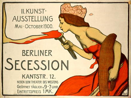Plakat aus dem Jahr 1900 für eine Berliner Sezession, das eine Frau in rotem Kleid zeigt, die ein Objekt hält, mit Text zur Ereignisinformation.