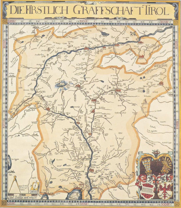 Ein detailliertes historisches Poster der ersten deutschen Grafschaft Tirol-Karte, das geographische Merkmale wie Flüsse, Berge und Städte sowie erklärenden Text zum Gebiet zeigt.