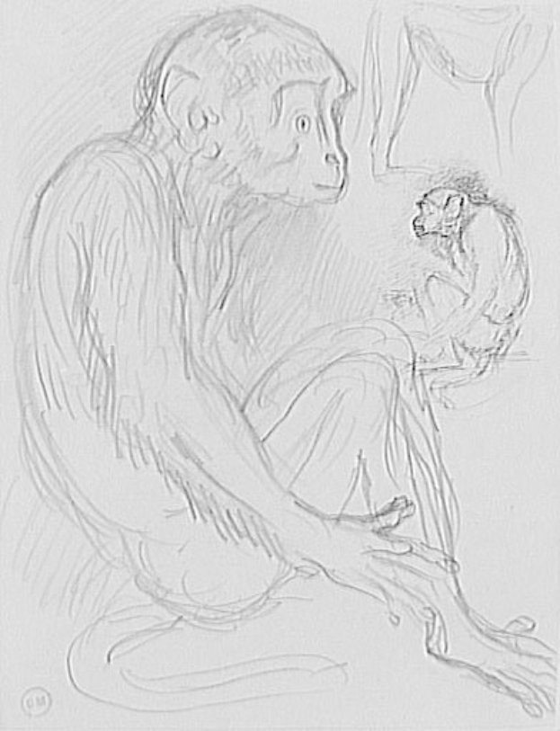 Eine Skizze eines hellbraunen Affen, der auf dem Boden sitzt und ein Baby in den Armen hält, mit geschlossenen Augen und einem sanften Ausdruck, während das Baby nach oben schaut und zufrieden lächelt.