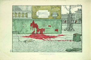 Ein aufgeschlagenes Buch zeigt eine Straßenszene mit einem Gebäude, einem Baum, einem Pfahl, einem Müllcontainer und einer Wand mit einer daran befestigten Tafel, alles mit einer dicken Blutschicht bedeckt.