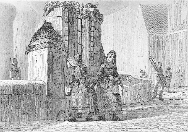 Schwarz-weiß-Gravur von zwei Frauen, die vor einem Gebäude stehen, mit ein paar anderen Menschen im Hintergrund, betitelt mit "Victorian Women in the City of London".
