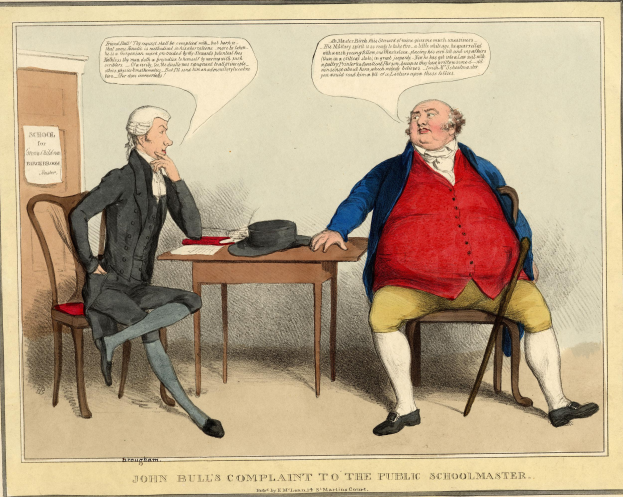 John Bull sitzt einem Schulmeister gegenüber an einem Tisch mit Hut und Papieren, mit einer Tür und einer Anzeige an der Wand im Hintergrund.